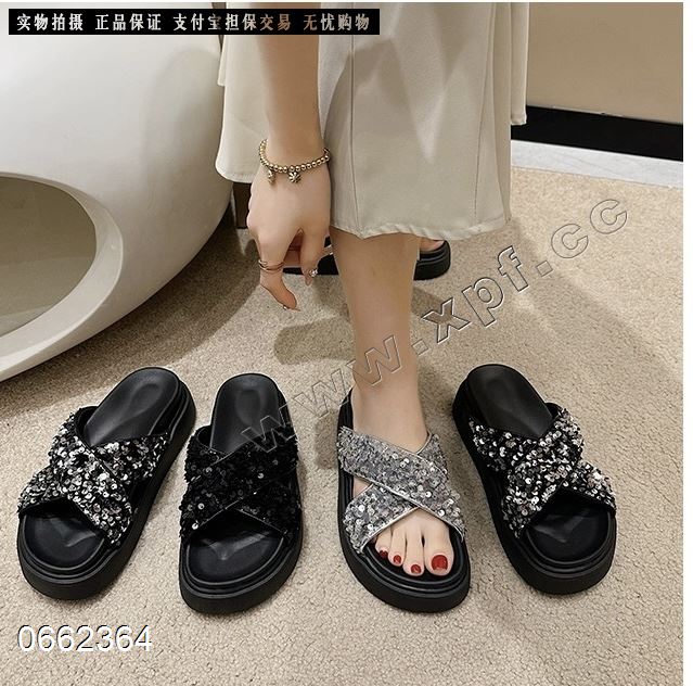新款时尚亮片交叉松糕一字拖沙滩防滑凉拖 M-3