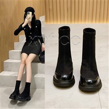 新款弹力靴羊猄绒面短靴 D135-1 跟高：5CM 帮高：18CM
