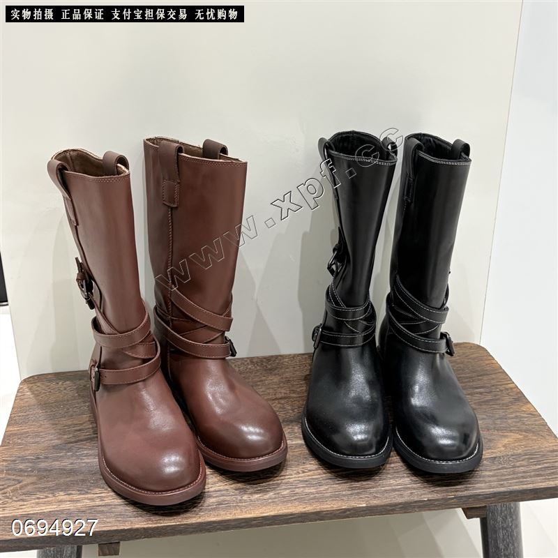 新款头层牛皮绑带骑士靴638-1