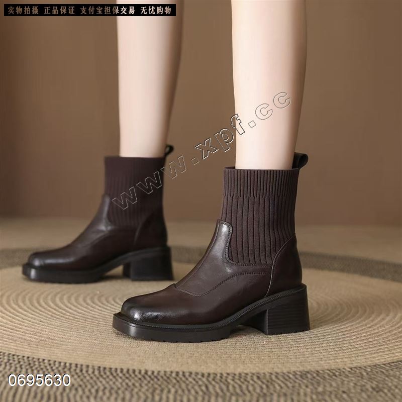 新款加绒韩版粗跟瘦瘦靴女厚底针织靴口女靴子003-1  有单有棉