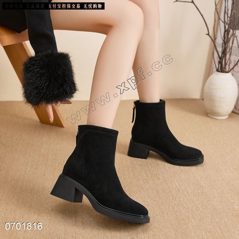 新款羊京绒弹力瘦瘦短靴 粗跟厚底时装短靴F2118-2