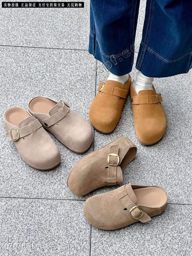 新款一脚蹬懒人休闲舒适半拖牛皮复古包头拖鞋729