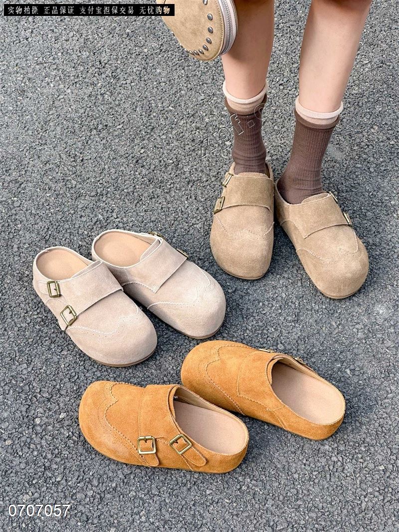 新款头层牛皮勃肯鞋英伦厚底内增高包头半拖728