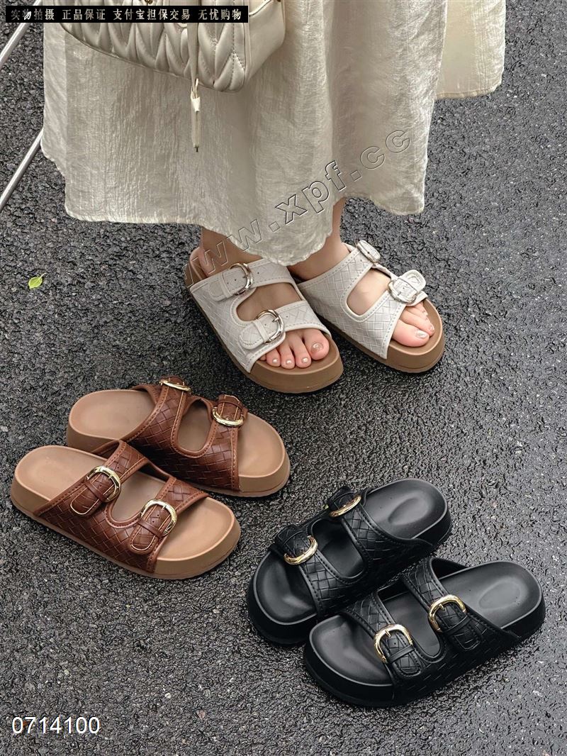 新款双带金属扣一字拖女厚底编织纹复古勃肯鞋外穿沙滩凉拖8801