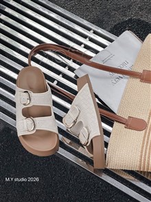 新款极简双扣带编织厚底拖鞋8801