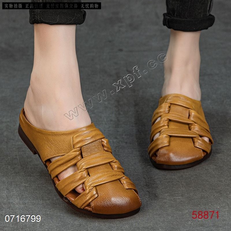 新款包头镂空头层牛皮拖鞋58871