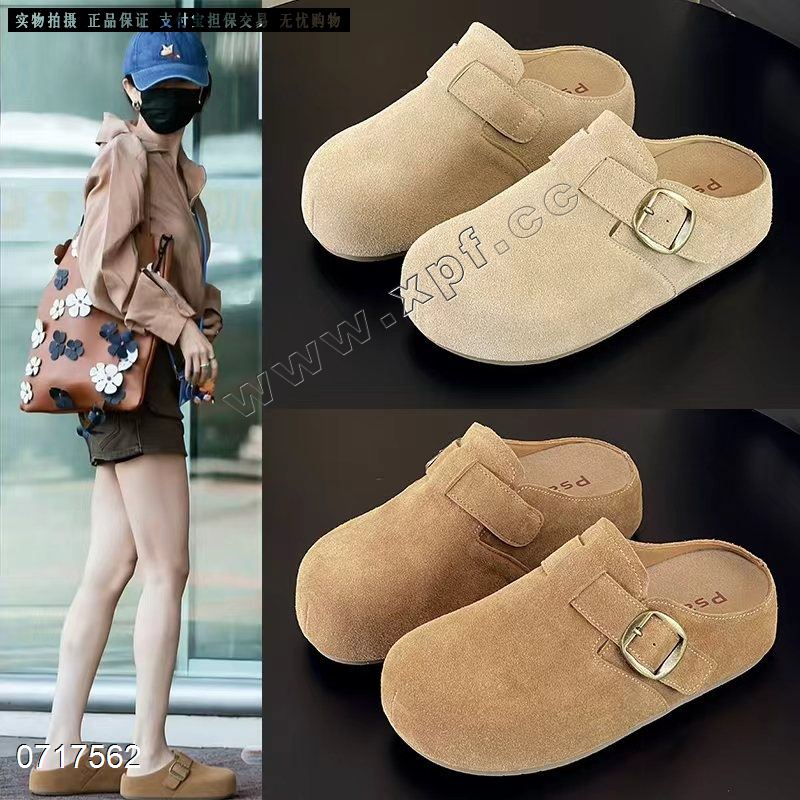 新款复古文艺风牛皮厚底包头半拖女鞋新款小个子增高复古勃肯半拖SA715