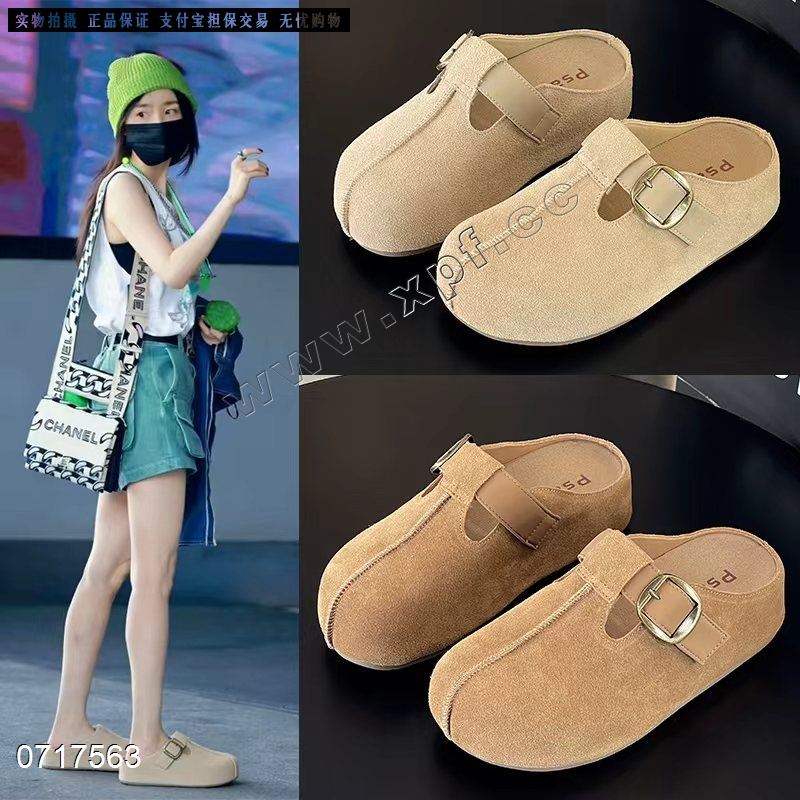 新款复古文艺风牛皮厚底包头半拖女鞋新款小个子增高复古勃肯半拖SA716