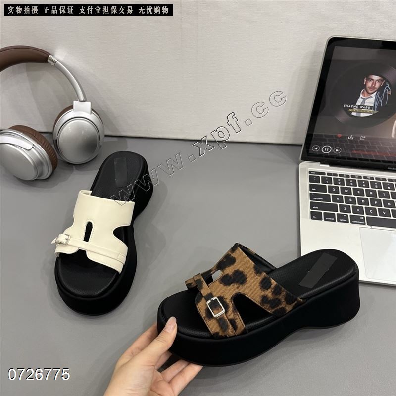 新款韩版豹纹厚底一字拖百搭增高拖鞋2101