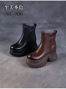 新款头层牛皮厚底绒里内增高短靴258026   跟高：7cm+内增高2.5cm