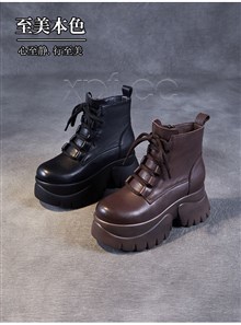 新款头层牛皮厚底绒里内增高短靴258067  跟高：7cm+内增高2.5cm
